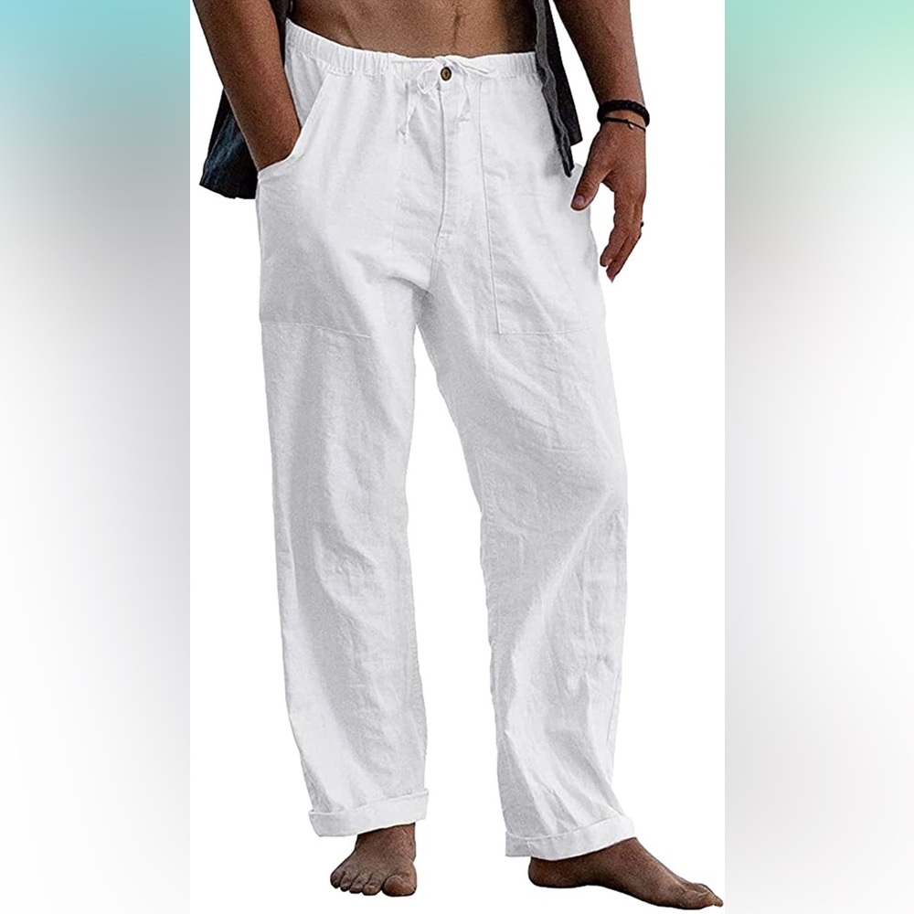 Men's Casual Linen Pants Elastic Waist Drawstring Cotton Trousers. Worn 1x. XXL